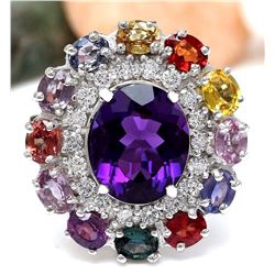 12.10 CTW Natural Amethyst, Sapphire 18K Solid White Gold Diamond Ring