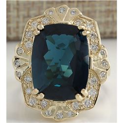 11.39CTW Natural London Blue Topaz And Diamond Ring In14K Solid Yello Gold