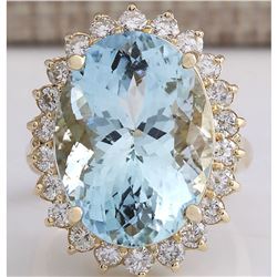 15.08 CTW Natural Aquamarine And Diamond Ring In 18K Solid Yellow Gold