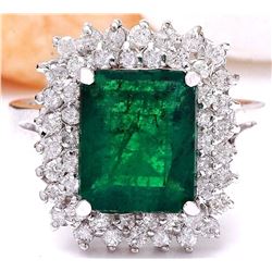 4.20 CTW Natural Emerald 18K Solid White Gold Diamond Ring