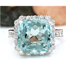 9.80 CTW Natural Aquamarine 18K Solid White Gold Diamond Ring