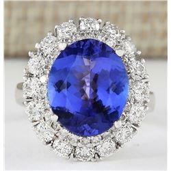 7.38 CTW Natural Blue Tanzanite And Diamond Ring 18K Solid White Gold