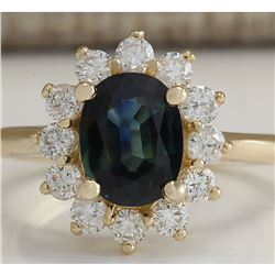 2.93 CTW Natural Blue Sapphire And Diamond Ring 14K Solid Yellow Gold