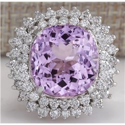 20.08 CTW Natural Kunzite And Diamond Ring 18K Solid White Gold
