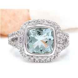 5.60 CTW Natural Aquamarine 18K Solid White Gold Diamond Ring