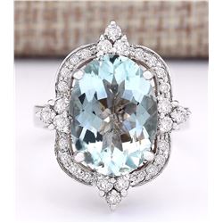 8.92 CTW Natural Aquamarine And Diamond Ring In 18K White Gold