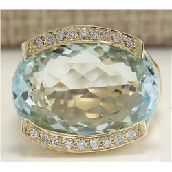 25.35 CTW Natural Aquamarine And Diamond Ring In 18K Solid Yellow Gold