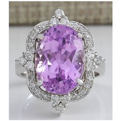 11.65 CTW Natural Kunzite And Diamond Ring 18K Solid White Gold