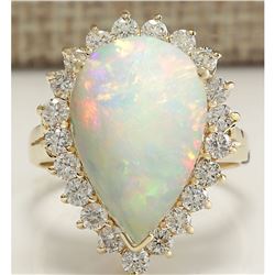 5.98 CTW Natural Opal And Diamond Ring In 14K Solid Yellow Gold