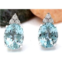 5.40 CTW Natural Aquamarine 18K Solid White Gold Diamond Stud Earrings