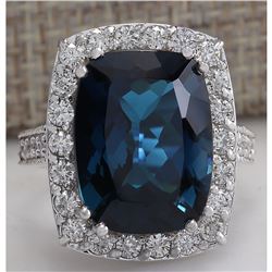 13.24 CTW Natural London Blue Topaz And Diamond Ring In18K Solid White Gold