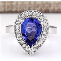 3.13 CTW Natural Blue Tanzanite And Diamond Ring 14k Solid White Gold