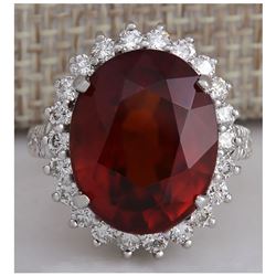 18.43 CTW Natural Red Hessonite Garnet And Diamond Ring In 14K White Gold