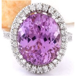 14.07 CTW Natural Kunzite 14K Solid White Gold Diamond Ring