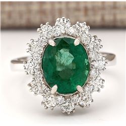 4.20 CTW Natural Emerald And Diamond Ring In 14k White Gold
