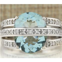 6.40 CTW Natural Aquamarine And Diamond Ring In 18K White Gold