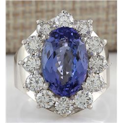 9.35 CTW Natural Blue Tanzanite And Diamond Ring 18K Solid White Gold