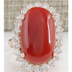 12.10CTW Natural Red Coral And Diamond Ring In 18K Rose Gold
