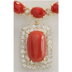 47.41 CTW Natural Red Coral And Diamond Necklace In 14K Yellow Gold