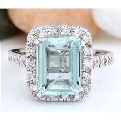 4.68 CTW Natural Aquamarine 18K Solid White Gold Diamond Ring