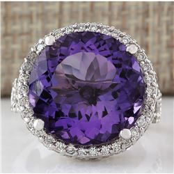 13.81 CTW Natural Amethyst And Diamond Ring In 18K Solid White Gold