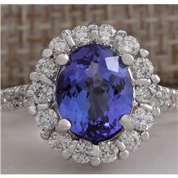 4.54 CTW Natural Blue Tanzanite And Diamond Ring 14K Solid White Gold
