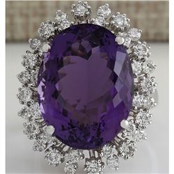 15.83 CTW Natural Amethyst And Diamond Ring In 18K Solid White Gold