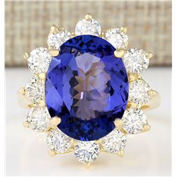 10.50 CTW Natural Blue Tanzanite And Diamond Ring 18K Solid Yellow Gold