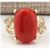 Image 1 : 12.00 CTW Natural Coral And Diamond Ring In 18K Yellow Gold