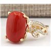 Image 2 : 12.00 CTW Natural Coral And Diamond Ring In 18K Yellow Gold