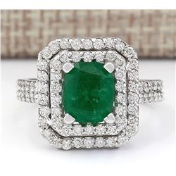 3.59 CTW Natural Emerald And Diamond Ring In 18K White Gold