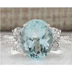 4.03CTW Natural Blue Aquamarine Diamond Ring 18K Solid White Gold