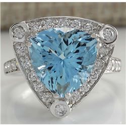 4.73 CTW Natural Aquamarine And Diamond Ring In 18K Solid White Gold