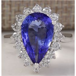 4.13 CTW Natural Blue Tanzanite And Diamond Ring In 14K Solid White Gold