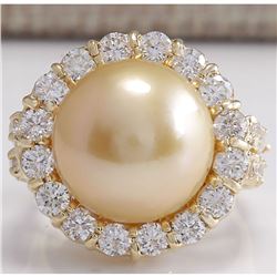 2.00 CTW Natural 13.18Mm Gold South Sea Pearl Diamond Ring 14K Yellow Gold