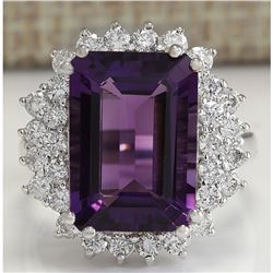 7.75 CTW Natural Amethyst And Diamond Ring In 18K Solid White Gold