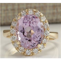 7.02CTW Natural Kunzite And Diamond Ring 18K Solid Yellow Gold