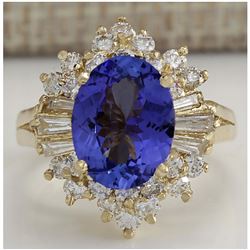 4.62 CTW Natural Blue Tanzanite And Diamond Ring 18K Solid Yellow Gold