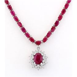 28.04 CTW Natural Ruby And Diamond Necklace In 14k White Gold