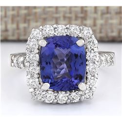 4.95 CTW Natural Blue Tanzanite And Diamond Ring 14k Solid White Gold