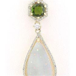 8.39 CTW Natural Opal Tsavorite Diamond Pendant In 14k Solid Yellow Gold