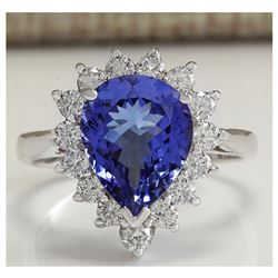 3.86 CTW Natural Blue Tanzanite And Diamond Ring 18K Solid White Gold