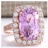 Image 2 : 12.33 CTW Natural Kunzite And Diamond Ring 14K Solid Rose Gold