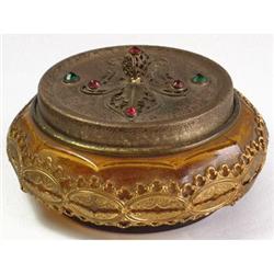 24kt Gold Plate Jeweled Amber Glass Dresser Jar #934438