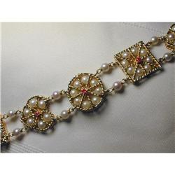 Estate 14K YG Gold Cultured Pearl Ruby Bracelet #945072