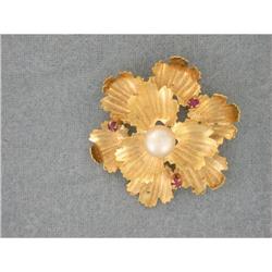 22K Gold, Pearl and Rubies Flower Pin #952780