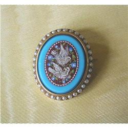 19thC. MICRO MOSAIC  PIN w. NATURAL PEARLS/14K #953008
