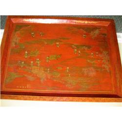 CHINOISERIE-WOOD TRAY PAINTING GOLD ON RED  #953242