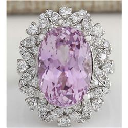 12.00 CTW Natural Kunzite And Diamond Ring 18K Solid White Gold