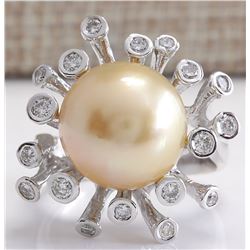 0.80 CTW Natural 13.17mm Gold South Sea Pearl Diamond Ring 18K White Gold